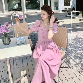 2023 nyári francia kis illat hercegnő szoknya lenyűgöző karcsúsító rózsaszín négyzet alakú nyakkivágás ruha, női