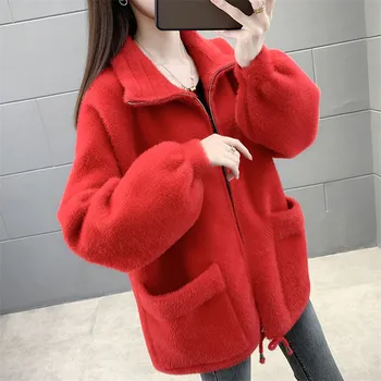 2023 Őszi Téli Vastag Ál Mink Kasmír Gyapjú Kabát Női Laza Rövid Outwear Koreai Nagy Zseb Cipzárral Gyapjú Kabát, Női