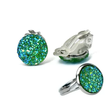 Ezüst Színű Ékszer Szett Nem Áttört Fehér Zöld Kék Gyanta Klip Fülbevaló Női Állítható Gyűrű Egyszerű Kerek Earing