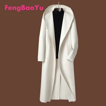 Fengbaoyu kétoldalas Gyapjú Őszi Téli Férfi Új Szuper-hosszú Kapucnis Kabát Kasmír ballonkabát Amerikai Alkalmi Fehér Luxur Kabát