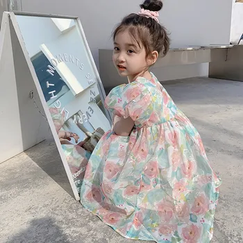 Gyermek Ruházat Ruha Lányok Alkalmi Ruha 2023 Nyáron Új koreai Verzió Nyugati stílusú Virág Bubble Sleeve Hercegnő Ruha