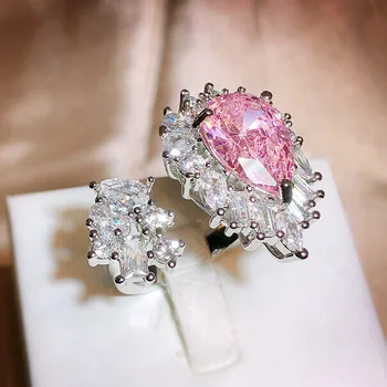 Klasszikus Design S925 Ezüst Berakásos Rózsaszín drágakő vízcseppek Gyűrűk a Nők magas-Kényes Esküvői Ékszerek Megnyitása Beállítása