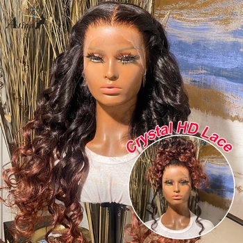 Laza, Mély Hullám Crystal HD 360 Csipke Frontális Emberi hajból készült Paróka, Glueless Ombre Barna Színű 13x6 Csipkével, Paróka Brazil Nő