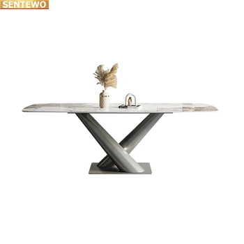 Luxus Márvány Kő Födém étkező asztal beállítása 8 székek mesa de jantar comedor egy jászolban sillas tisch tablo bútor Szén-acél alap