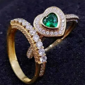 Luxus Női Zöld Kő Szív Gyűrű Divat Arany Színű, Eljegyzési Gyűrűk, Nők, Vintage White Stone Jegygyűrű Ékszer Set