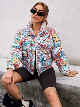 Női Kabátok Nyomtatás Hosszú Ujjú Elegáns Outwear Hivatal Hölgyek Streetwear Kabátban, Cipzár Kabát Y2K Kabát Tavaszi Puffer Kabát