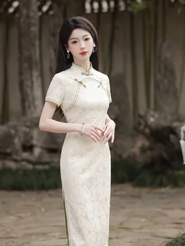 Retro Kínai Stílusú, Elegáns Kosztüm Modern Qipao Nyári Női Ruha Magas Osztott Cheongsam