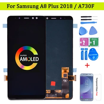 Super Amoled Samsung Galaxy A8 plusz A730 A730F LCD Kijelző érintőképernyő Digitalizáló Közgyűlés a Galaxy A8+ 2018 Duó