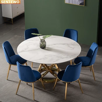 Tervező Luxus kerek vacsora Márvány Kő Födém étkezési terített asztal 4 szék tavolo pranzo bútor marbre Rozsdamentes acél arany bázis
