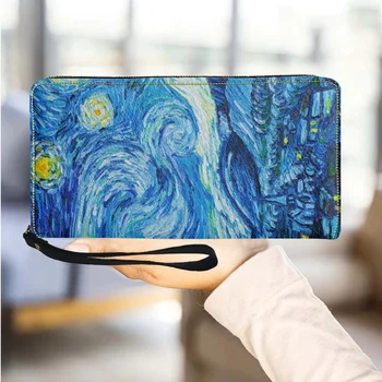 Van Gogh Festmény Csillagos Éjszaka Luxus Design Hosszú Cipzáras Tárca Divat Fél Trend Kártya Tartóját erszényem PU Bőr Kuplung