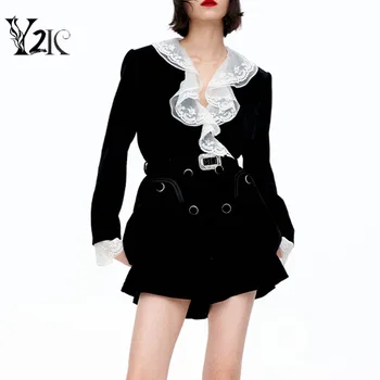 Y2K ruhákat tervező futópálya koreai elegáns fekete csipke, bársony kabátok női őszi hosszú ujjú fodros vintage party mini ruha