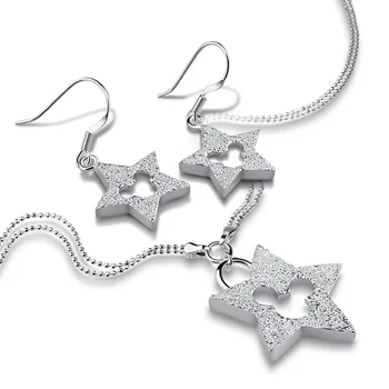 ziqiudieS925 Sterling ezüst kettős vonal kerek gyöngy a Csillag nyaklánc + fülbevaló divat női ékszer szett küldeni feleségem barátnője