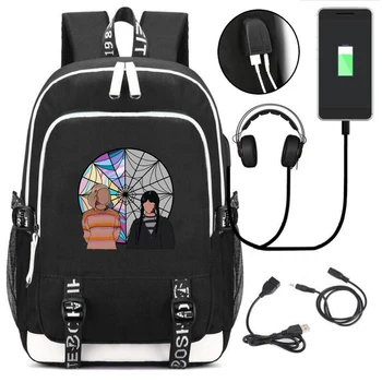 Új Diák Iskolatáska USB Hátizsák Wednesday Addams Nyomtatás Daypack Nagyobb Kapacitás Tartós Unisex Táskák, Laptop Fiúk/Lányok Bookbags