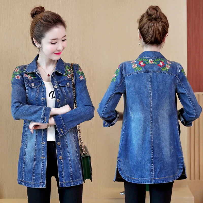 Jean kabát 2018 nők bohém hippi elegáns, hímzett farmer női kék bomber dzseki hímzett kabát FF1389 L