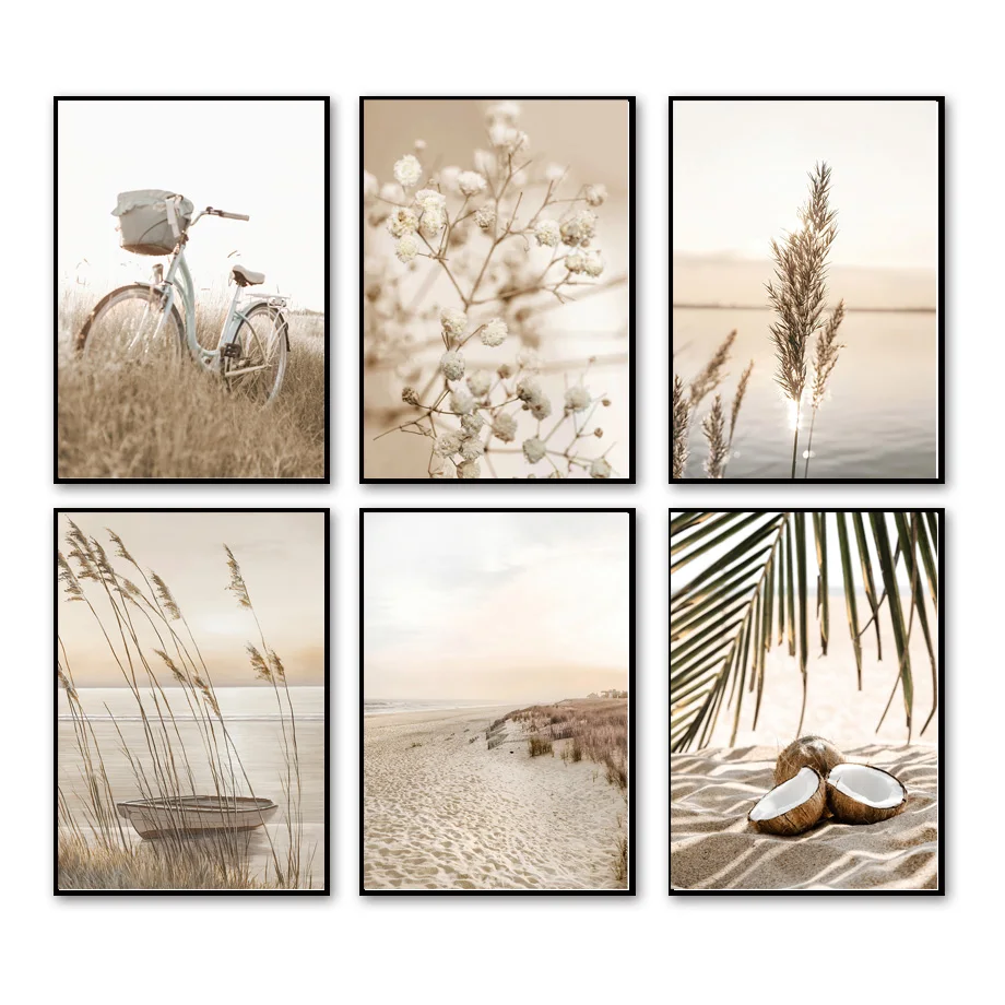 Bohém Bézs Természet Reed Fű-Tó Kerékpáros Beach Északi Falon Művészeti Vászon Festmény, Poszterek, Nyomatok, Képek Nappali Dekor