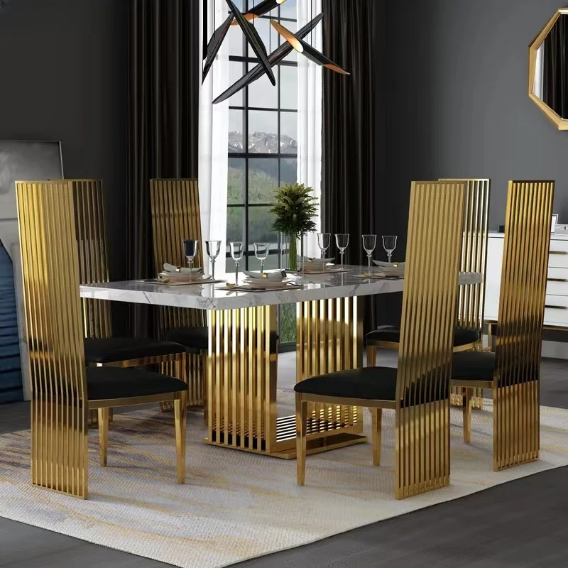 Modern Luxus Márvány Étkezési terített Asztal, Székek, konyhabútor, Rozsdamentes Acél Arany Bázis Vacsora Ebédlő Asztal Szék