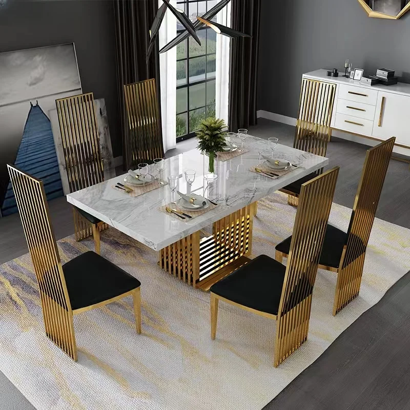 Modern Luxus Márvány Étkezési terített Asztal, Székek, konyhabútor, Rozsdamentes Acél Arany Bázis Vacsora Ebédlő Asztal Szék