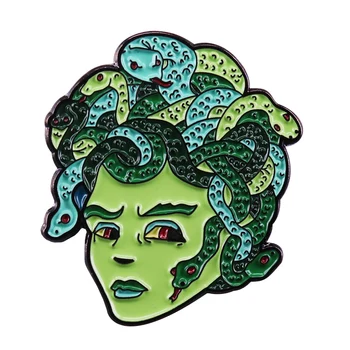 Hátborzongató Gót Medúza Zománc Pin-Zöld Gorgon Kígyó Hölgy Bross Görög Mitológia Művészeti Gyűjtemény