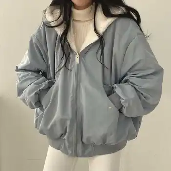 Téli Kabát Új Koreai Divat Mesterséges Gyapjú Kifordítható Kabát Női Harajuku Túlméretezett Alapvető Téli Kapucnis Téli Kabát