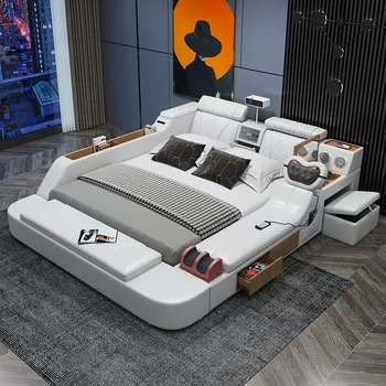 Többfunkciós masszázs tatami bőr ágy, hálószoba dupla franciaágy Modern, egyszerű esküvői ágyon projektor okos ágy